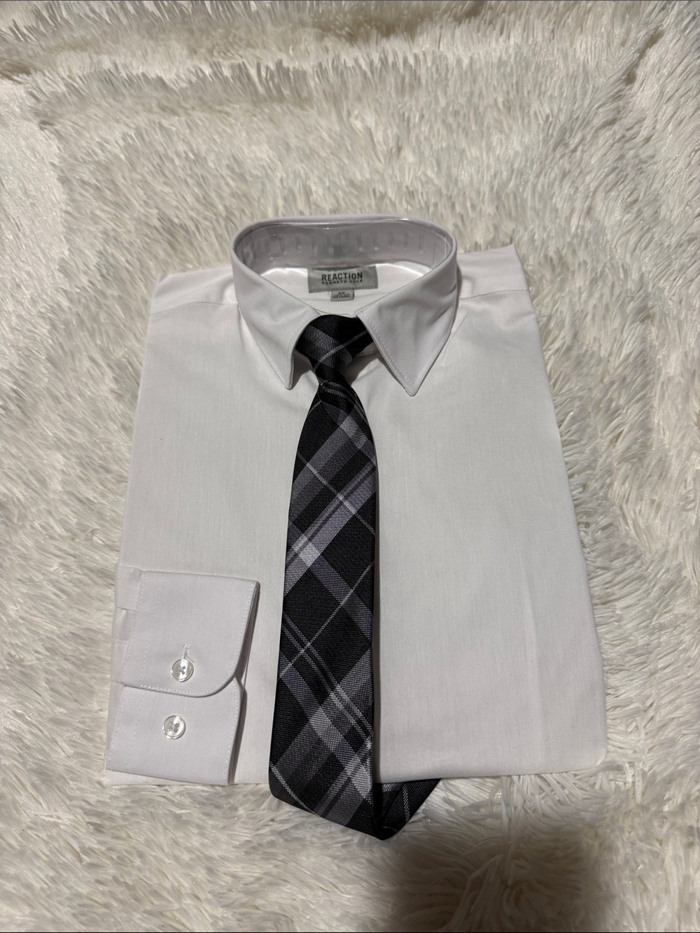 Kenneth Cole Reaction White Dress Shirt with Black and Gray Plaid Tie